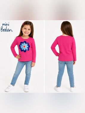 Mini Boden Girls Pink Sequin Flower Long Sleeve Tee Shirt Size 5-6 Years